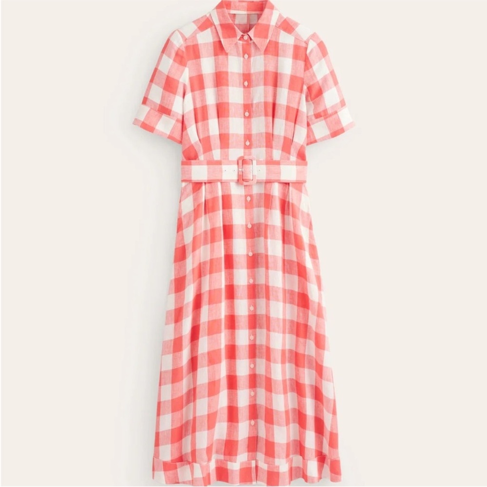 Boden Gingham Rose Red Louise 100% Linen Midi Shirt Dress - Picture 3 of 11